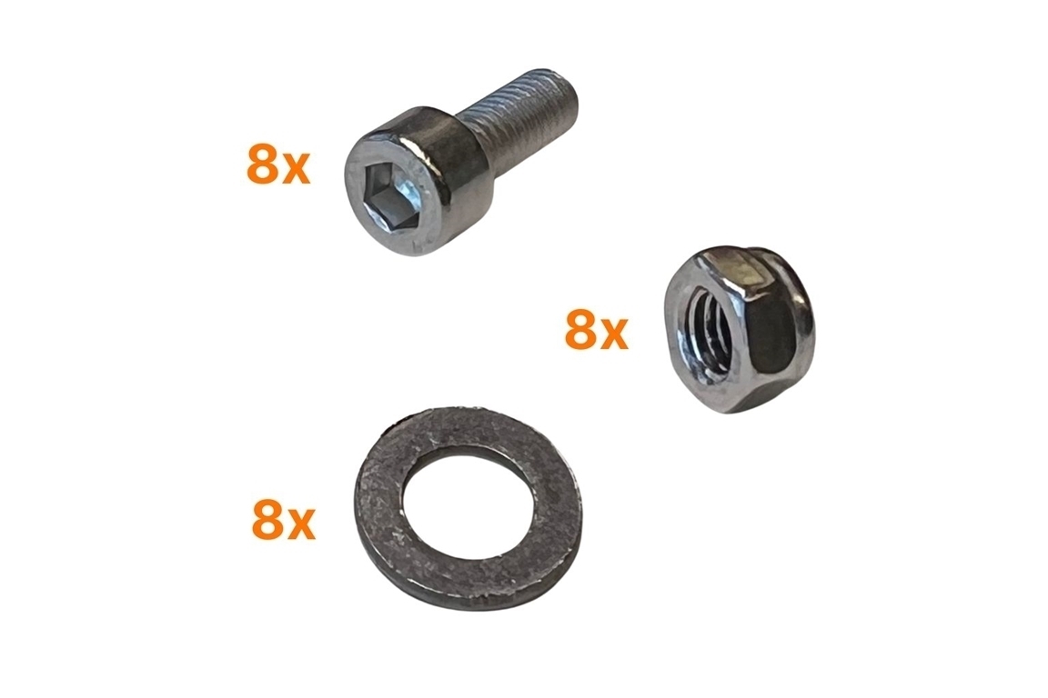 Set Compleet Moertjes en Boutjes M5 voor voordrager per 8 stuks verpakt CHROOM